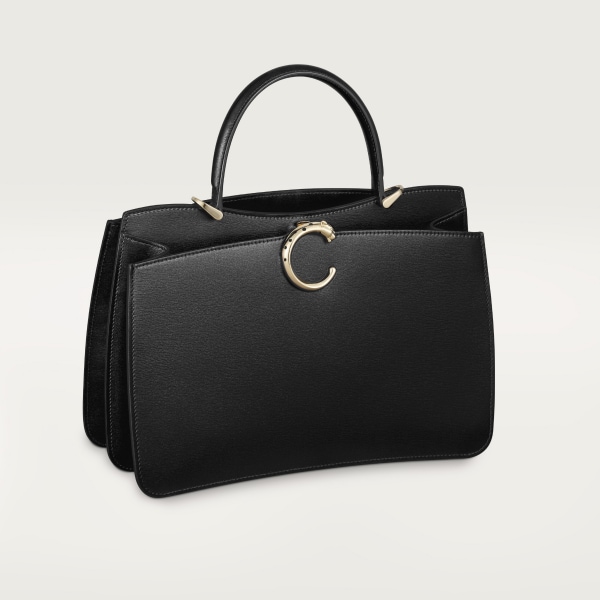 Top handle bag small model, Panthère de Cartier Black calfskin, golden finish