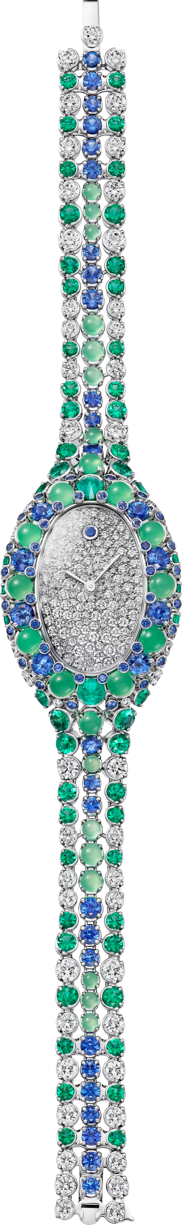 Baignoire jewellery watchSmall model, quartz movement, white gold, diamonds, emeralds, sapphires, chrysoprase